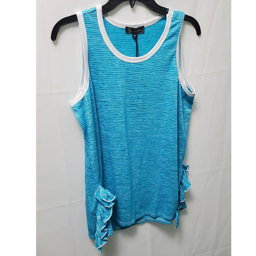 🐚 DG2 Diane Gilman Blue Ruffle Tank Top Medium NWT Hi Low Stretch Knit Shell